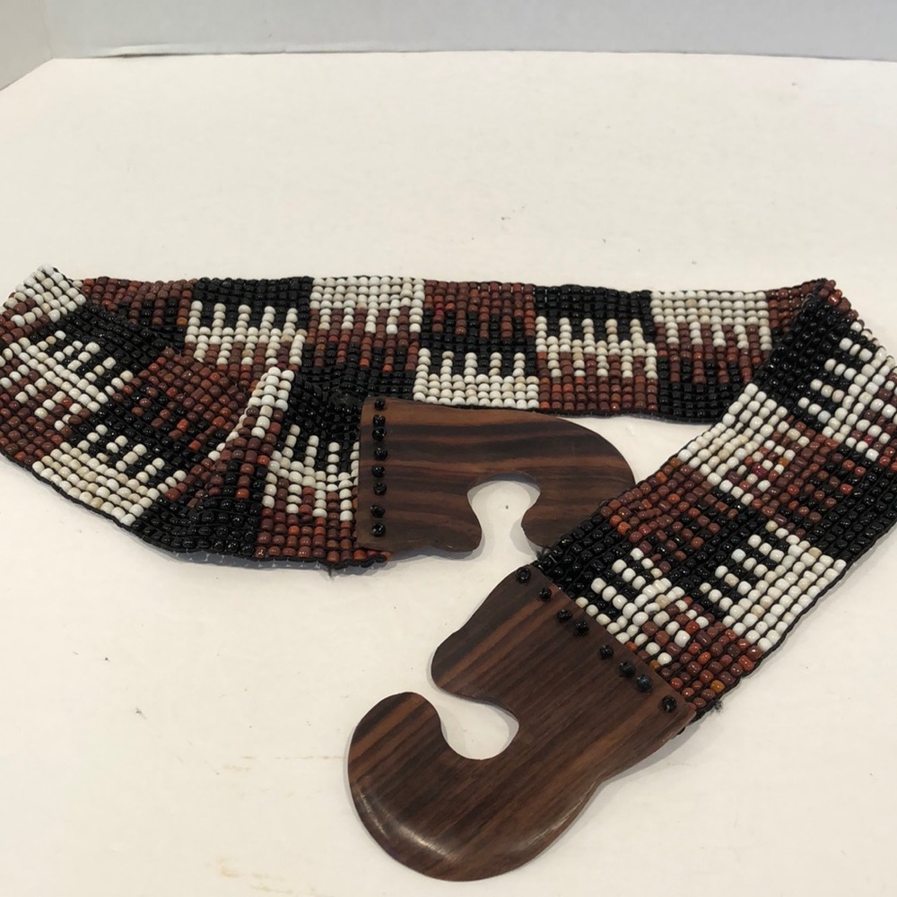 Prims Beaded Belt handmade with wood buckle Stretches galore fits up to med /lg